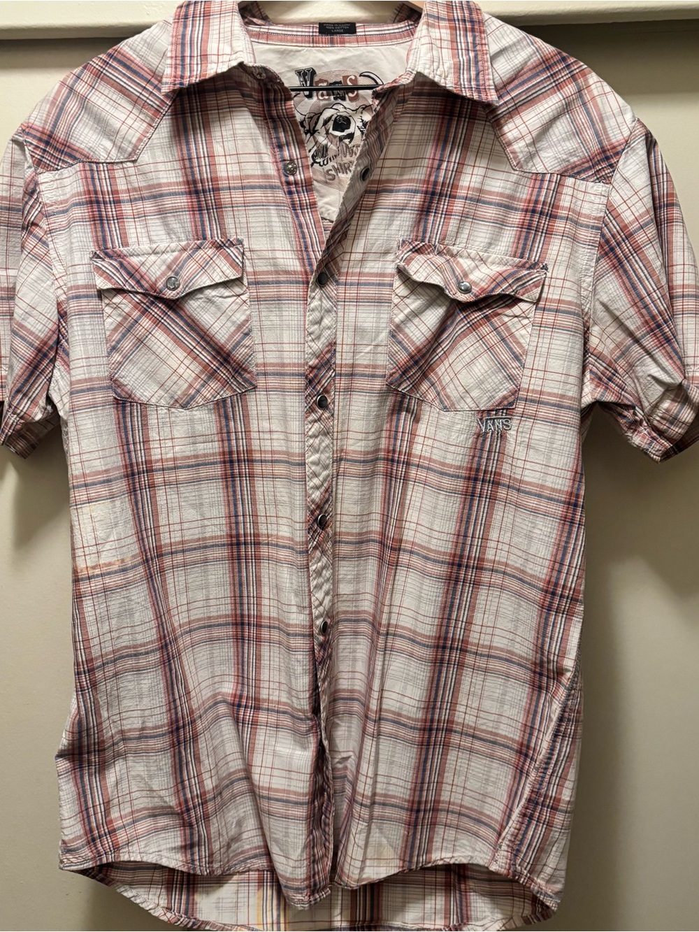 Vans western Men’s Plaid Short-Sleeve Shirt - Cream with Red size L